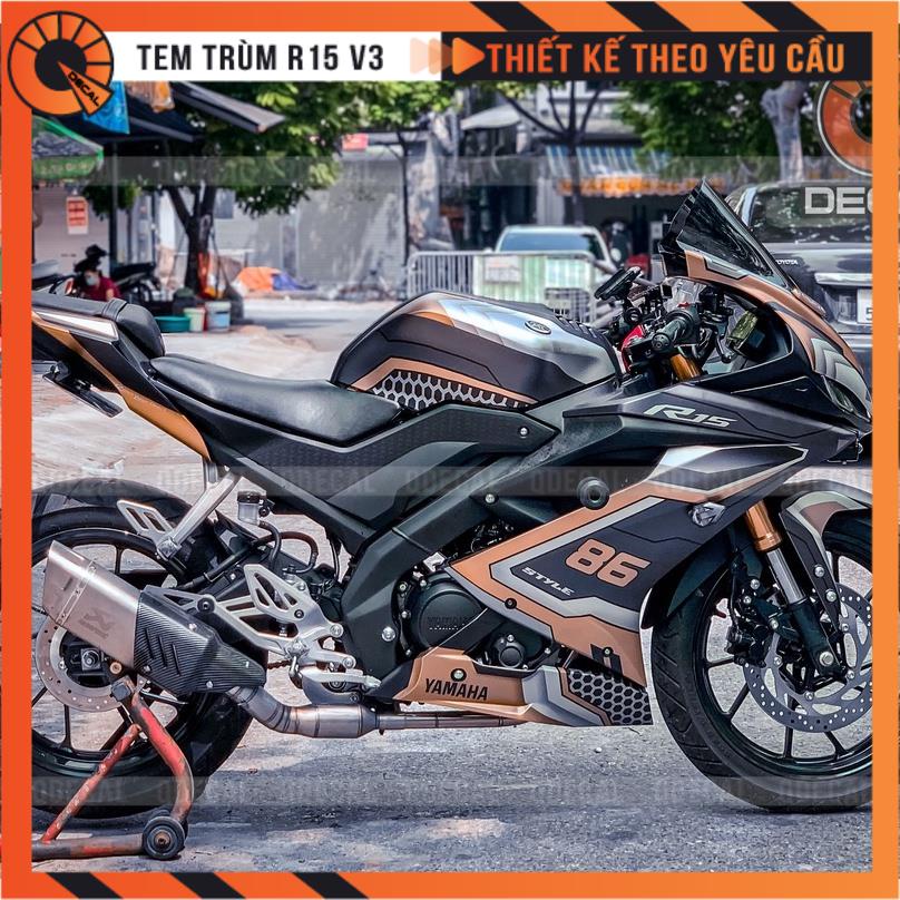Tem trùm R15V3 robotech đen bạc vàng đồng thiết kế theo yêu cầu decal 3 lớp