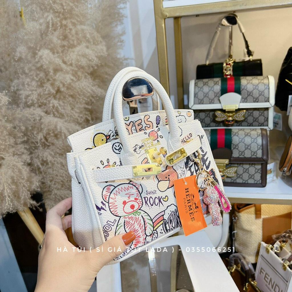 Túi xách H mờ bikin họa tiết gấu trẻ trung Size 20
