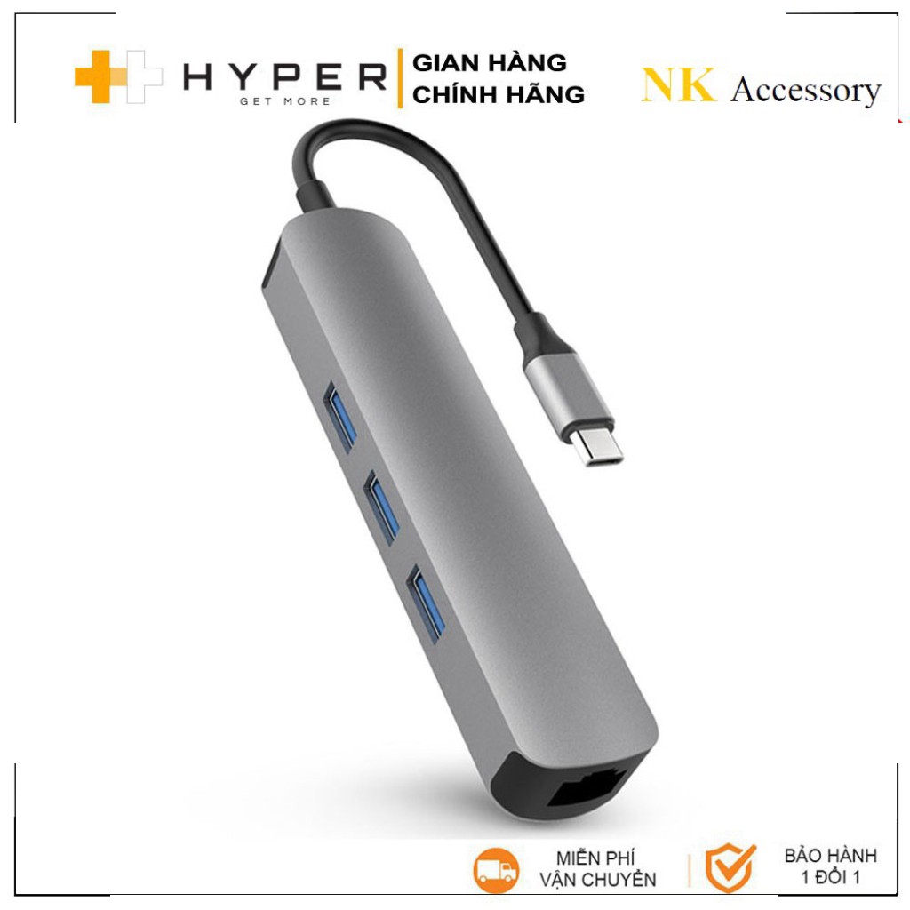 T- Cổng chuyển HyperDrive 4k HDMI 6-in-1 USB-C Hub cho Macbook, Ultrabook & USB-C Devices - Lan - HD233B - Hàng Chính
