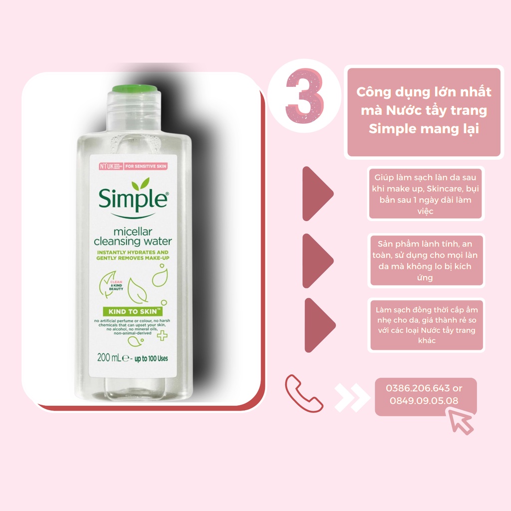 Nước Tẩy Trang Simple Sạch Sâu Dịu Nhẹ Cho Da Nhạy Cảm Kind To Skin Micellar Water 200ml NTT1773