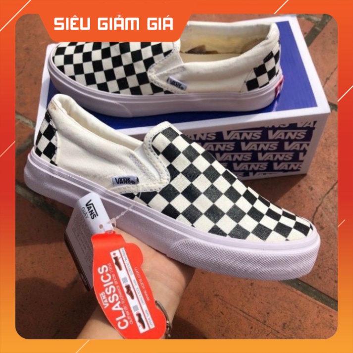 Giày Lười Nam Nữ - Giày Thể Thao Slip On Vans Caro kẻ sọc đen trắng cá tính, đế êm lót da Cao Cấp D18 HOT FREESHIP | BigBuy360 - bigbuy360.vn