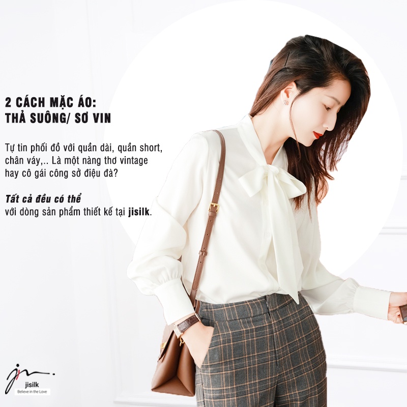 Áo sơ mi kiểu nữ bigsize jisilk form rộng công sở thắt nơ bánh bèo tay phồng Sangrin L.SM2-02