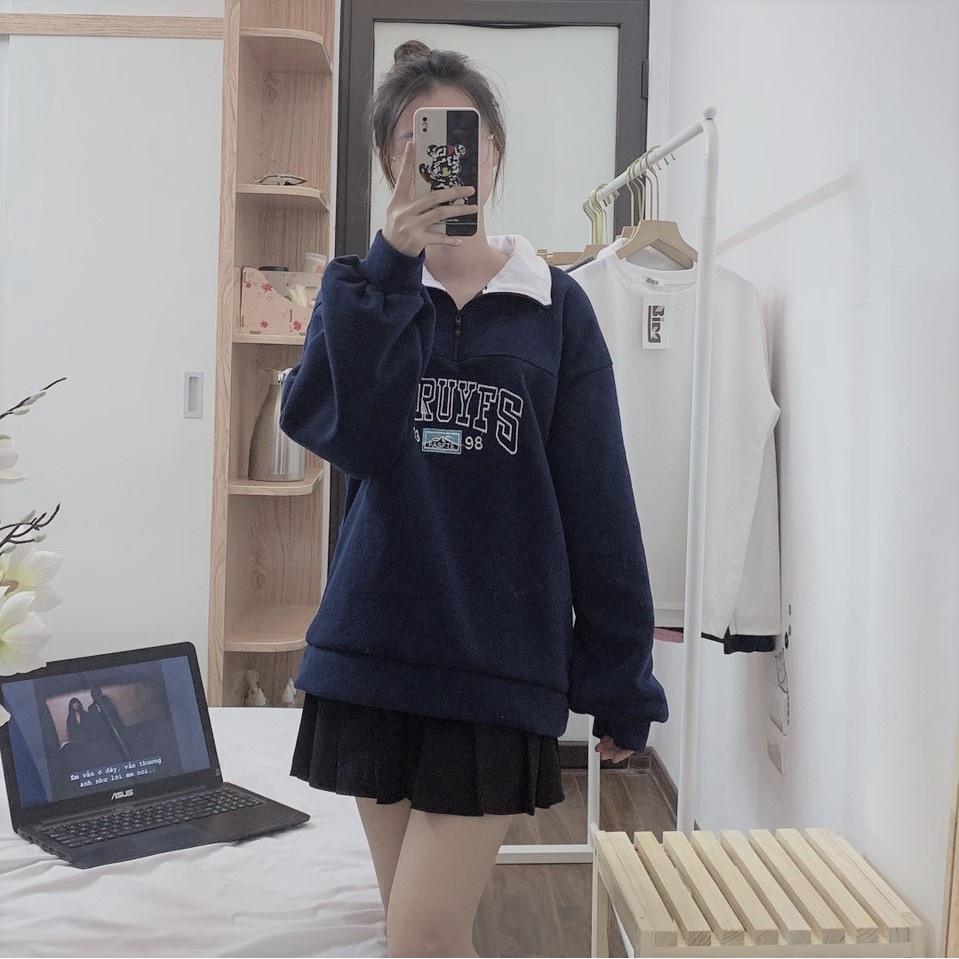 Áo khoác nữ ullzzang nỉ bông khóa cổ Bingshop vài dày đẹp freeship