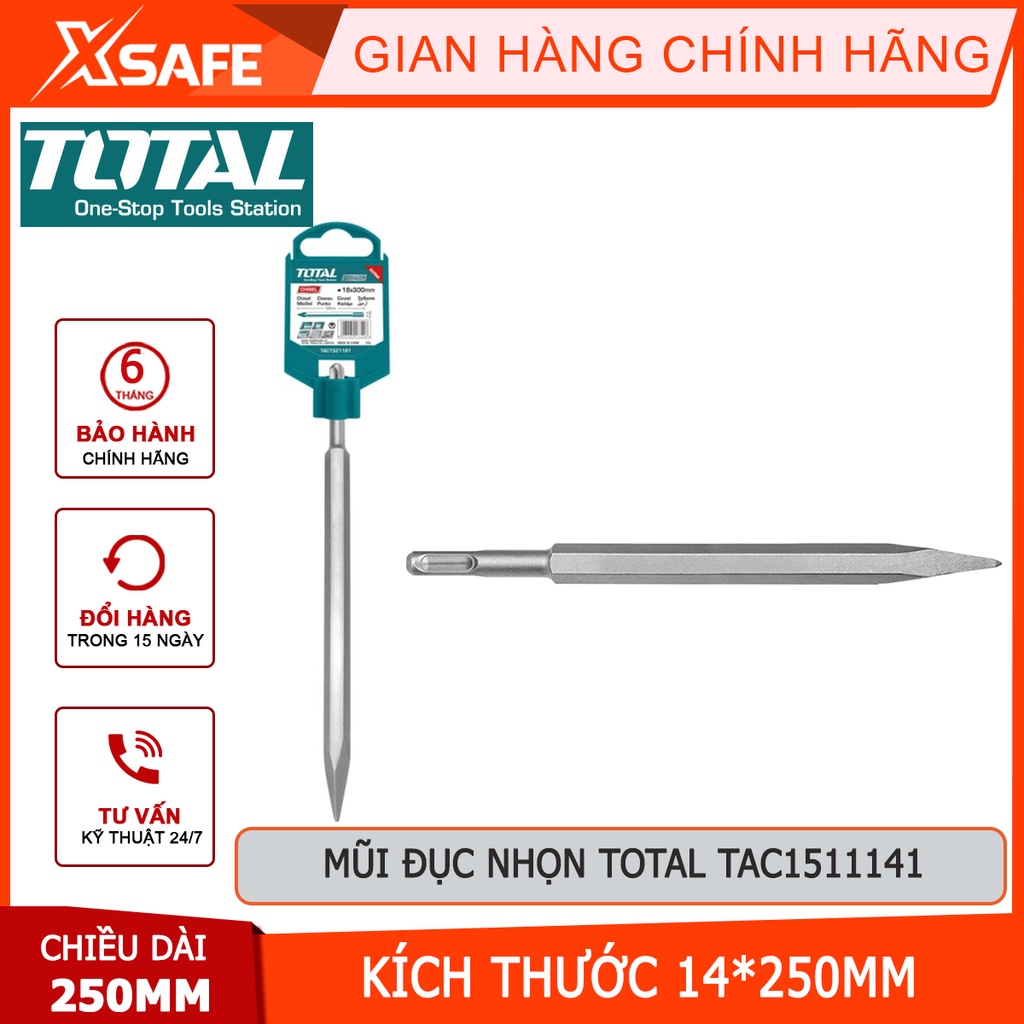 Mũi đục nhọn TOTAL TAC1511141 Mũi đục size 14x250mm, dùng đục, khoét các bề mặt cứng khác nhau như tường, bê tông