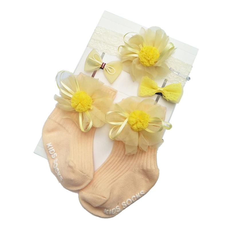 1 Bộ Vớ Cotton Mềm Mại Phối Ren Hoa + Băng Đô Cài Tóc + Hộp Kẹp Tóc