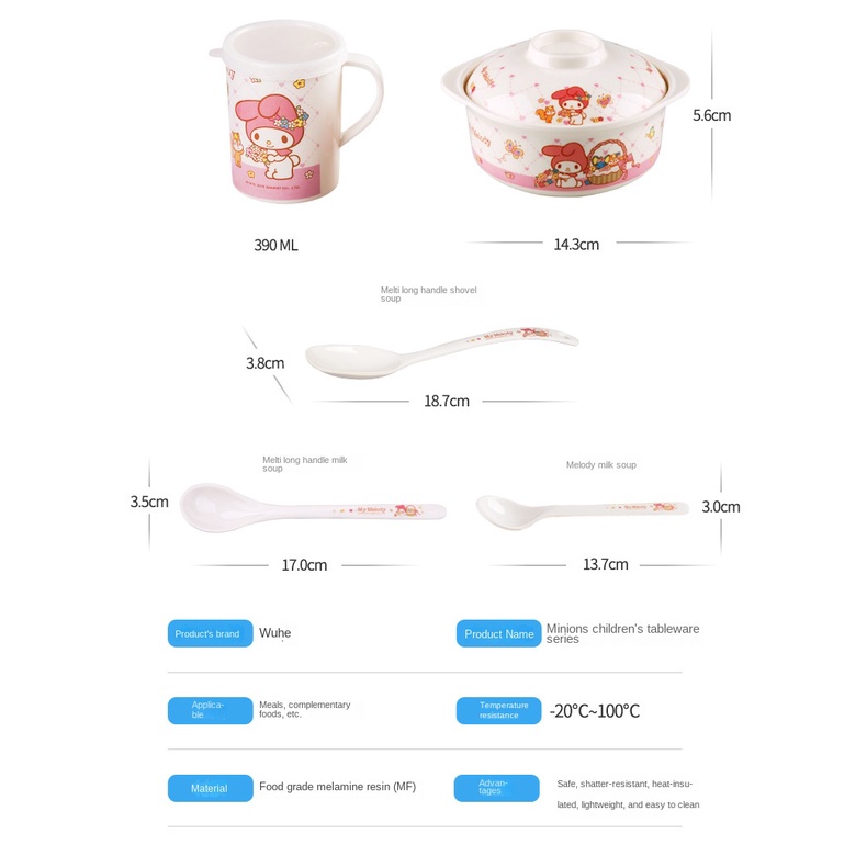 Bộ Dụng Cụ Ăn Uống Gồm Bát / Cốc / Chén / Cốc Nước Kiểu Hoạt Hình Melody Dễ Thương Xinh Xắn Dành Cho Trẻ
