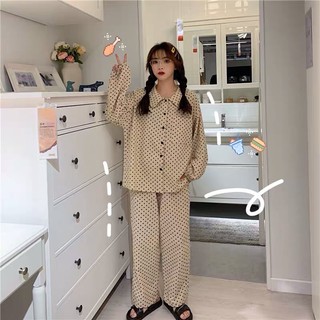 Bộ đồ ngủ pijama dài tay chấm bi Hàn quôc