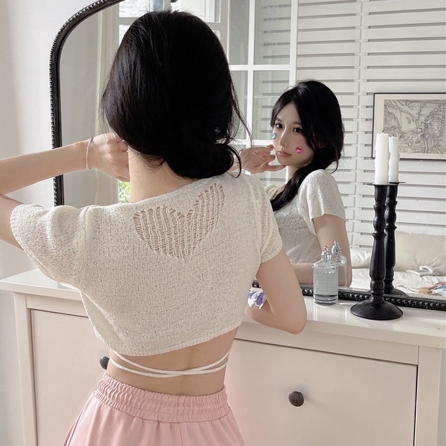 Áo kiểu ZHELIHANGFEI dệt kim tay cổ ngắn chữ V hở lưng gợi cảm tùy chọn màu sắc