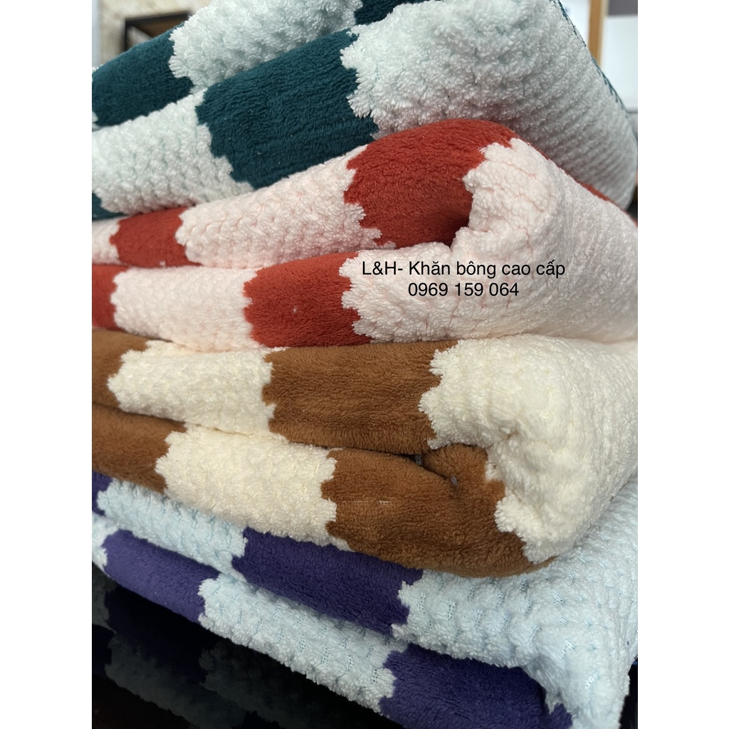Khăn tắm lông cừu cao cấp khổ rộng, kẻ thẳng, hạt gạo, siêu mềm, KT 70x140cm