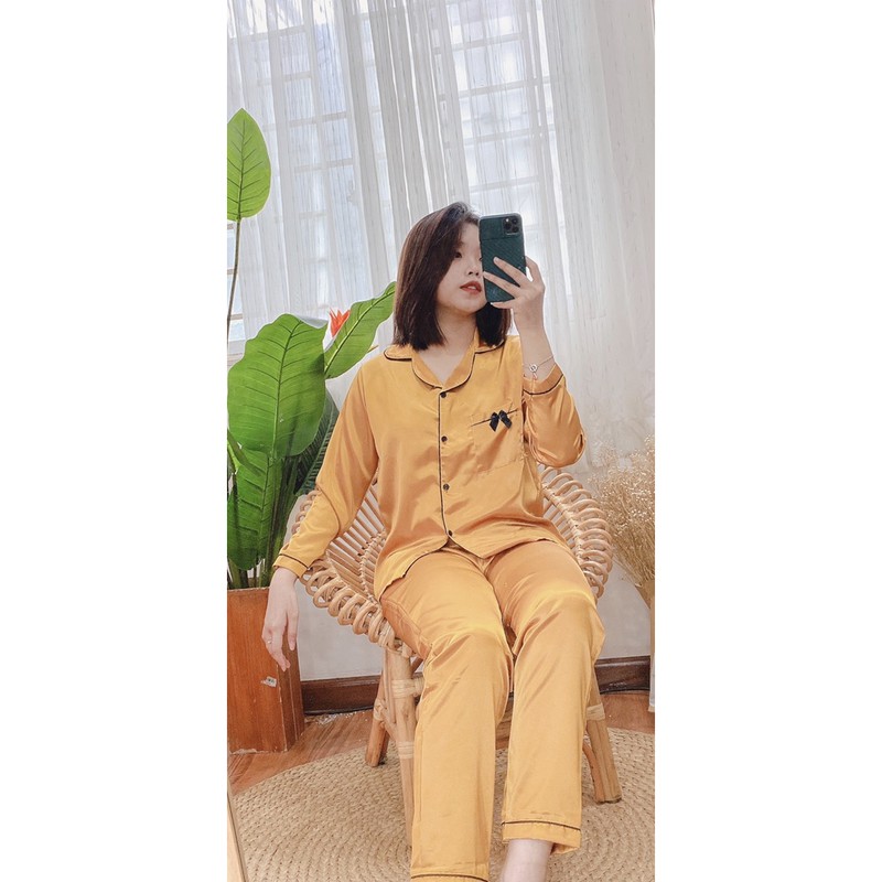 bộ đồ ngủ Đồ bộ pijama, bộ ngủ lụa nữ mặc nhà tay dài quần dài chất phi lụa freesezi từ 40kg đến 60kg