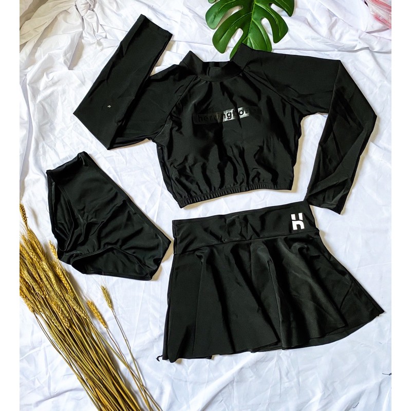 Đồ bơi bikini nữ dài tay quần váy 3 mảnh đen | BigBuy360 - bigbuy360.vn