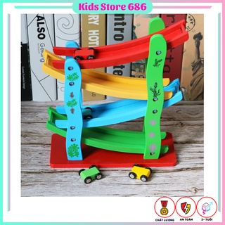 Đồ chơi xe cầu trượt 4 tầng, gồm 4 tầng cầu trượt và 4 xe con bằng gỗ - kids_store686