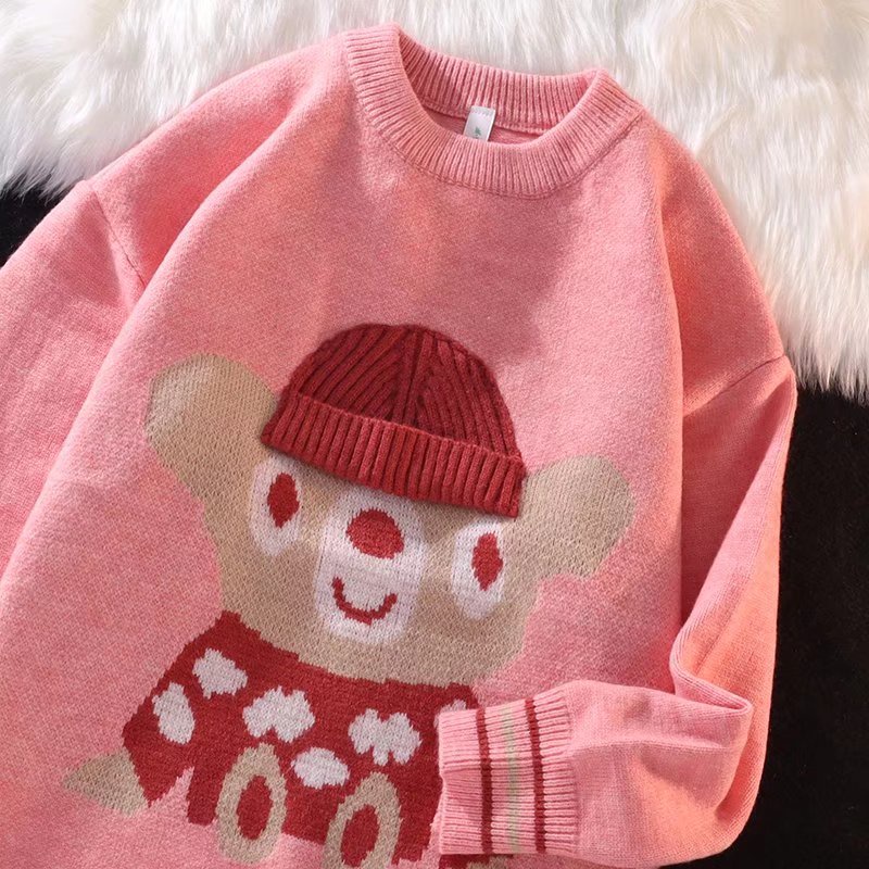 Áo sweater cổ tròn dáng rộng thêu hình gấu hoạt hình dễ thương phong cách Hàn Quốc cho cặp đôi