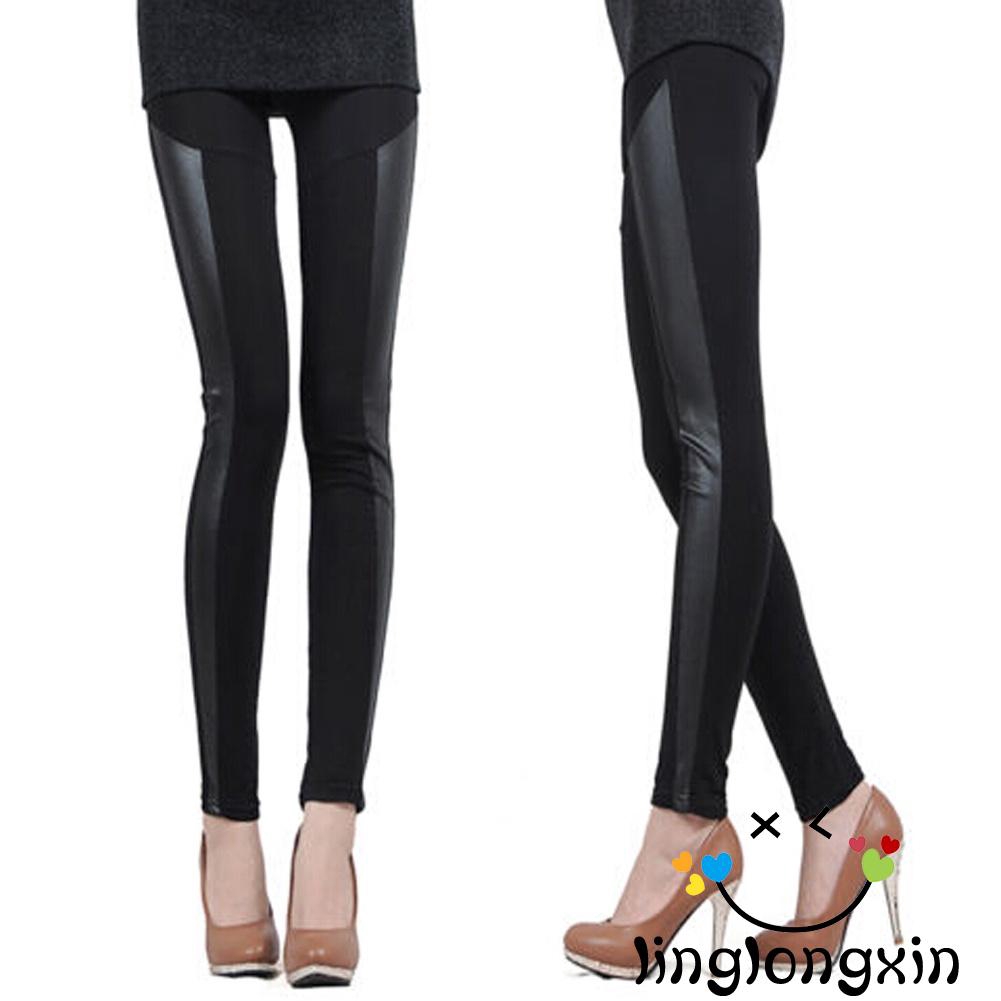 Quần Leggings phối da bóng độc đáo thời trang