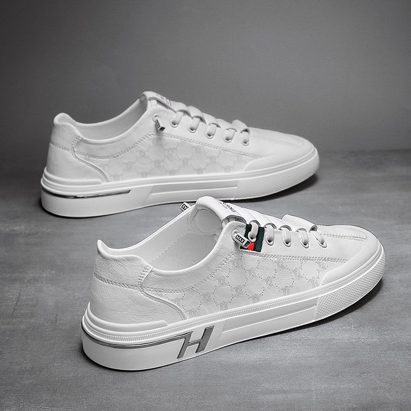 Giày thể thao nam, Giày nam da chữ H Kem và Trắng - CK201