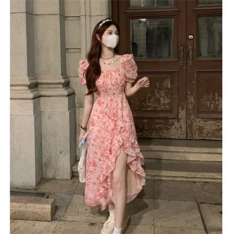 Jiashucheng Hàng Có Sẵn Đầm Hoa Cổ Vuông Xẻ Tà Ôm Eo Mỏng Tay Ngắn Thời Trang Mùa Hè Kiểu Mới Cho Nữ