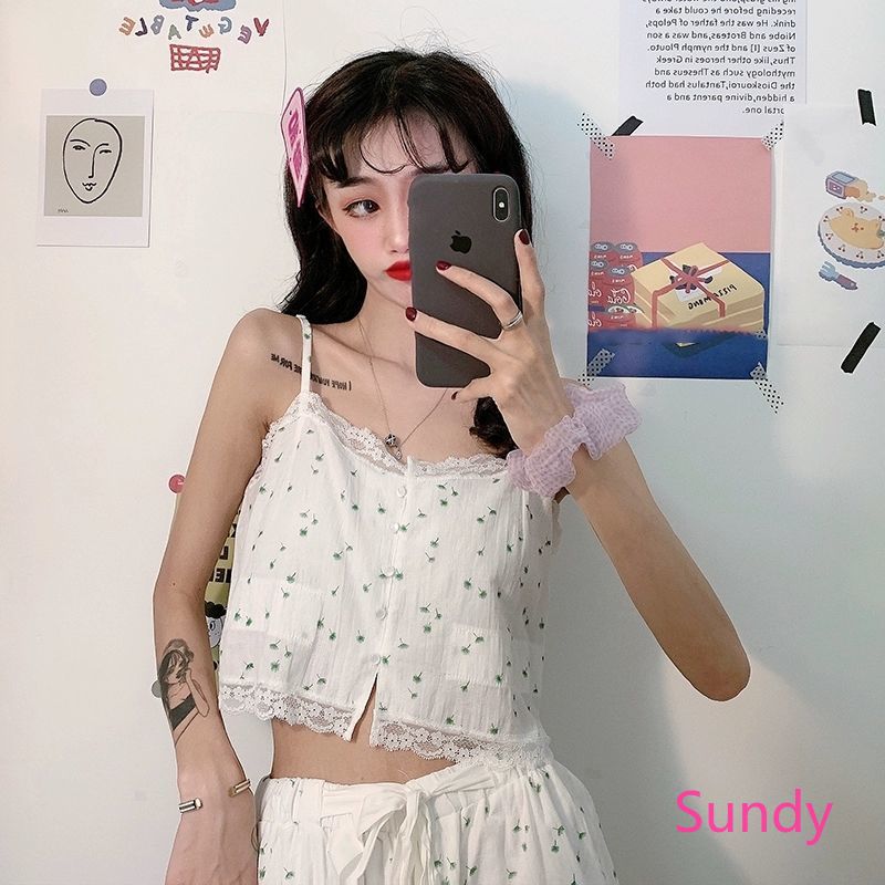 Bộ Đồ Ngủ Hai Dây In Hoa Xinh Xắn Dành Cho Nữ