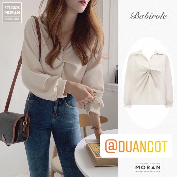 (ORDER) Áo sơ mi nữ MORAN cổ thiết kế cổ xoắn chữ V độc lạ nhẹ nhàng công sở Hàn Quốc