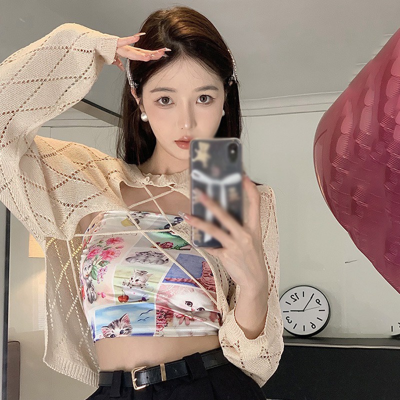 Bộ Áo Croptop Không Tay In Họa Tiết + Áo Dệt Kim Tay Dài Màu Trơn Thời Trang Cho Nữ