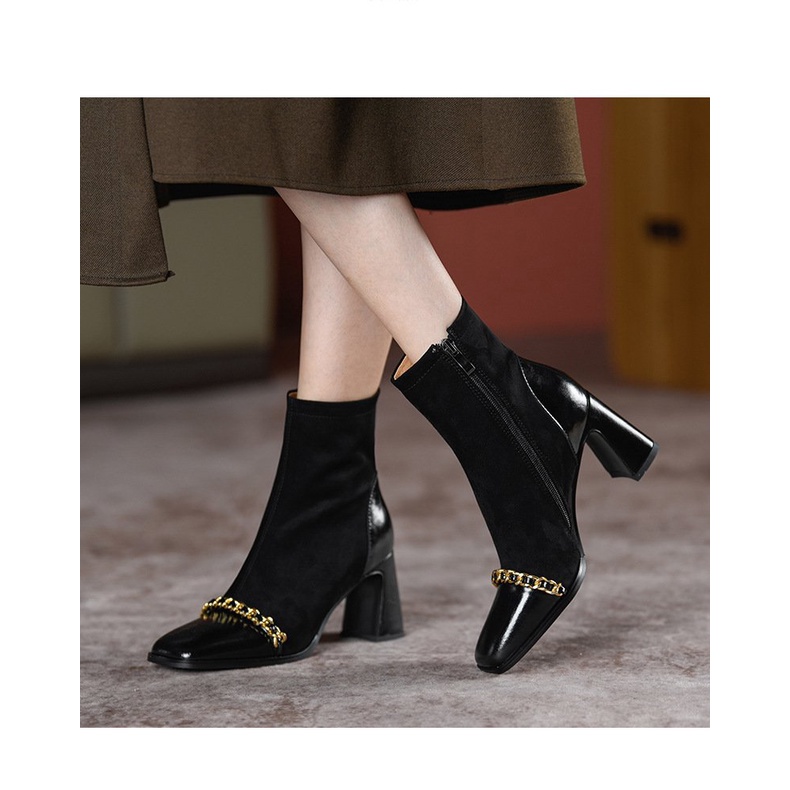 Giày Bốt Mỏng Cao Gót Mũi Vuông Màu Nâu Phong Cách Pháp Thời Trang Mùa Thu 2022 Mới