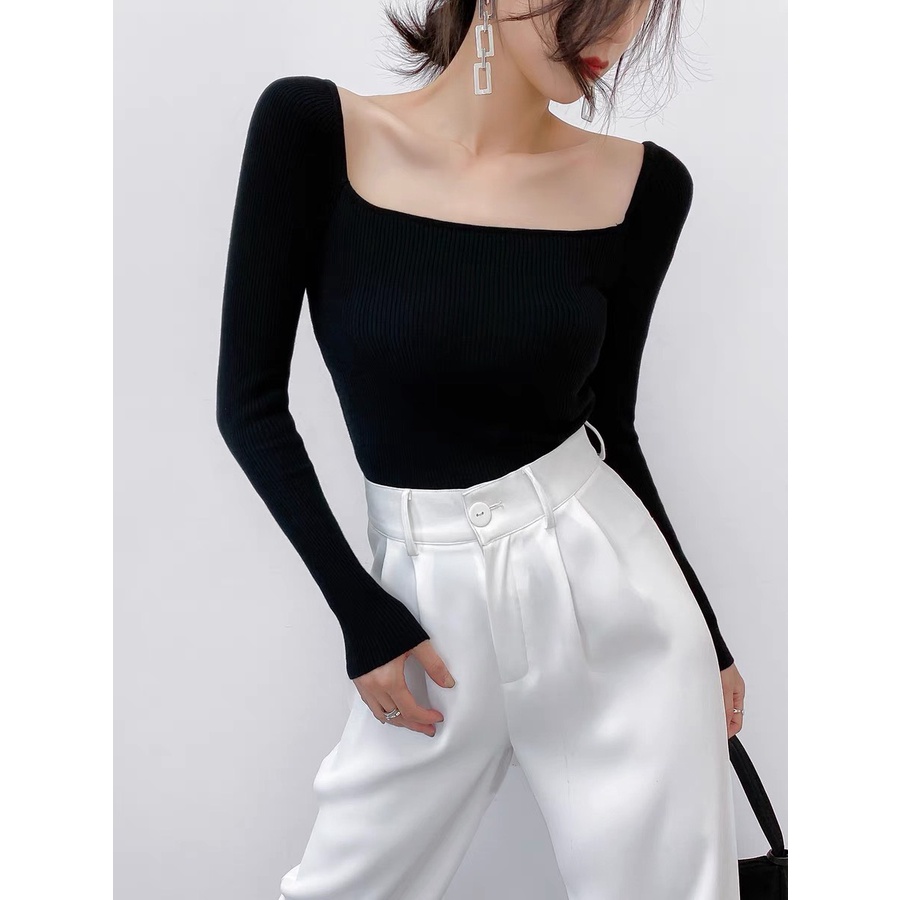 Áo Croptop Tay Dài Cổ Vuông Áo Thun Dài Tay Cổ Vuông