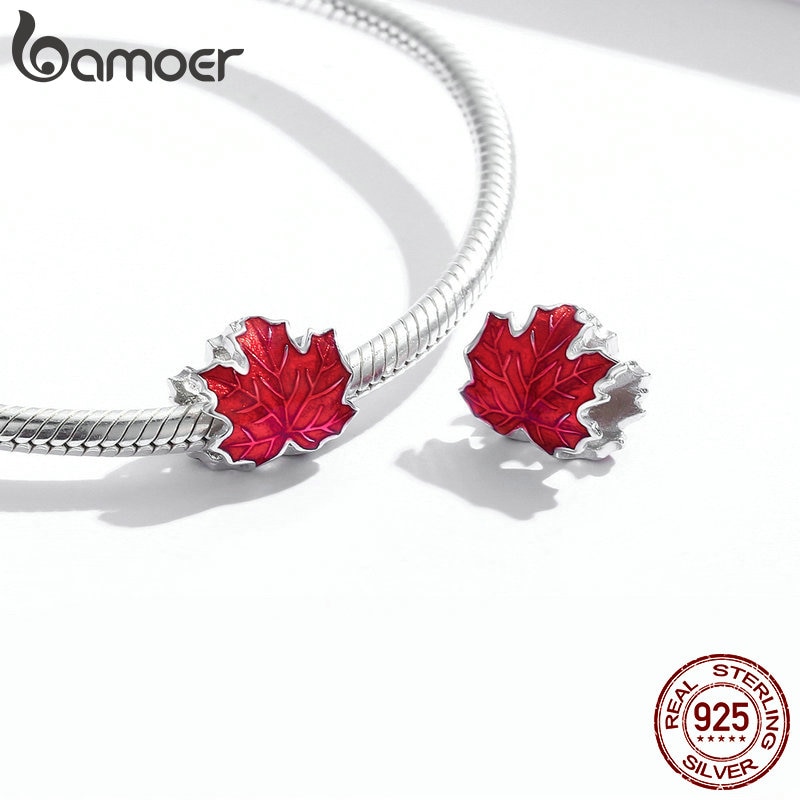 Hạt Xỏ Vòng Tay Bamoer BSC335 Bằng Bạc 925 Thật Tráng Men Hình Lá Phong Để Làm Vòng Tay DIY Cho Nữ