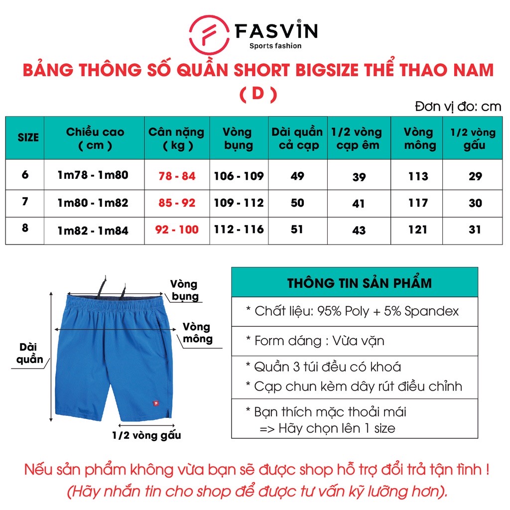 Quần đùi nam BIG SIZE  FASVIN vải dù gió co giãn mềm mát túi có khóa cho người từ 80- 120 kg D20206.SG