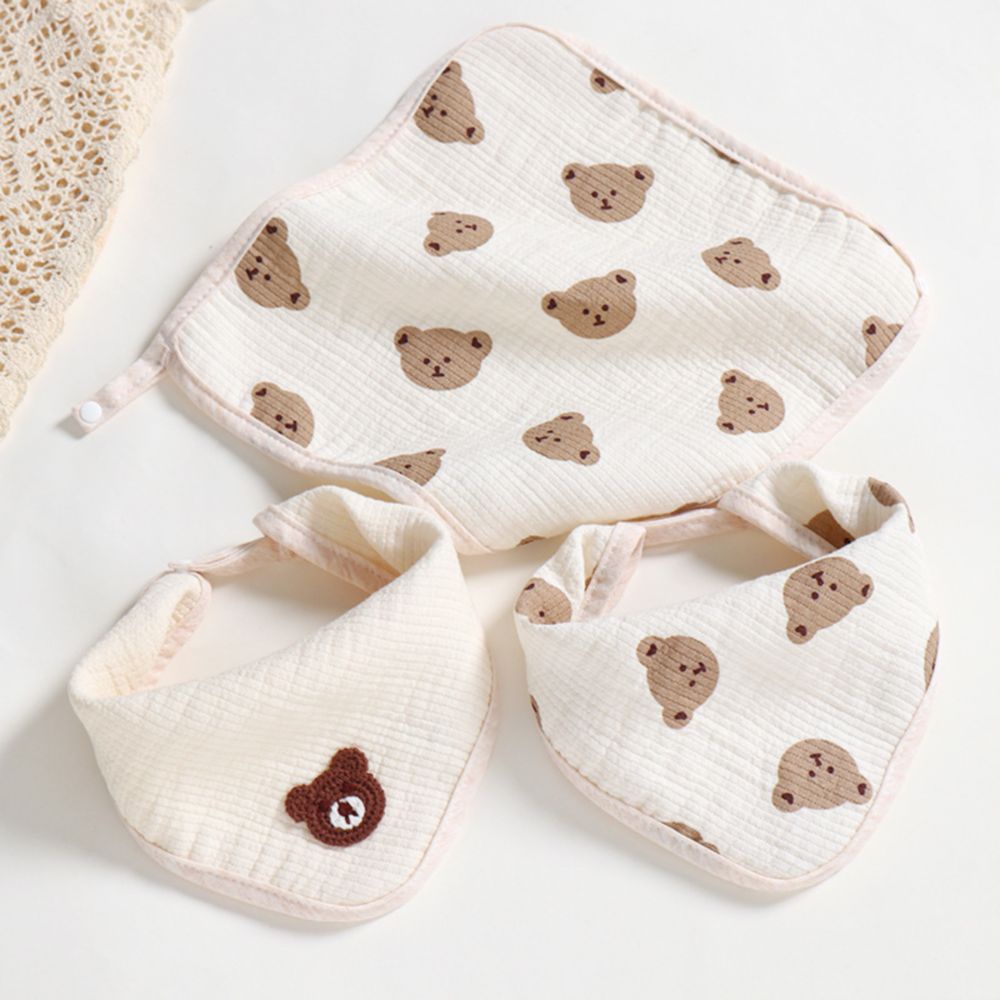 Khăn yếm vuông cho bé chất liệu cotton 3 lớp họa tiết gấu đáng yêu