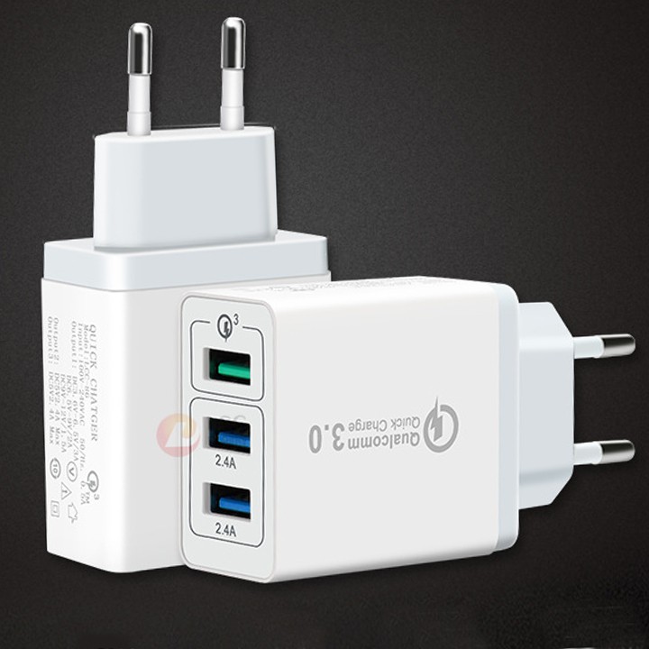 Combo củ sạc nhanh Qualcomm 3 cổng và dây cáp dù  Type C, Iphone, MicroUSB siêu bền 2m