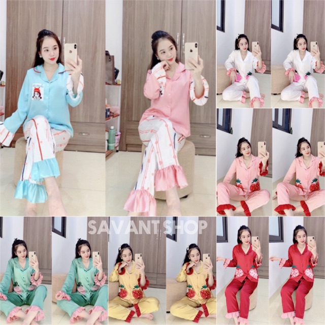 [ Ảnh + Clip Chính Chủ ] Pijama Viền Bèo Dâu Tây Xinh Xắn Lụa Satin