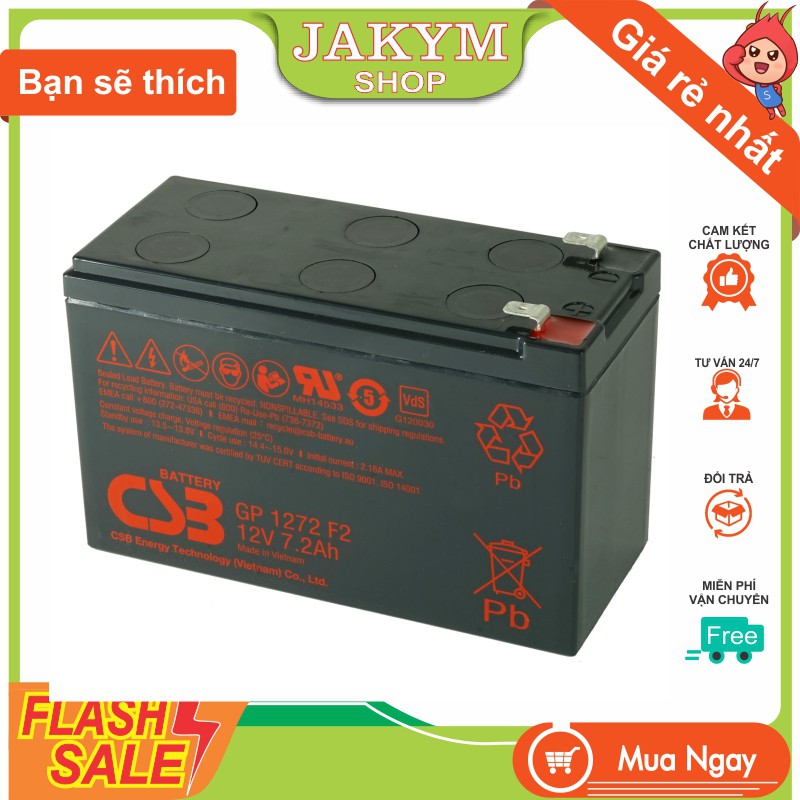 Ắc quy 12V 7.2ah CSB màu đen. Sản phẩm có bảo hành dùng cho UPS, xe điện trẻ em, bình xịt