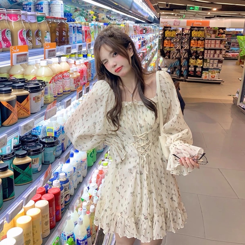 VÁY HOA NHÍ NGẮN CỔ VUÔNG DÀI TAY CHIẾT EO ULLZANG HÀN QUỐC ĐẦM TRẮNG NGẮN CÔNG CHÚA TIỂU THƯ XOÈ XUÂN HÈ PROM KỶ YẾU