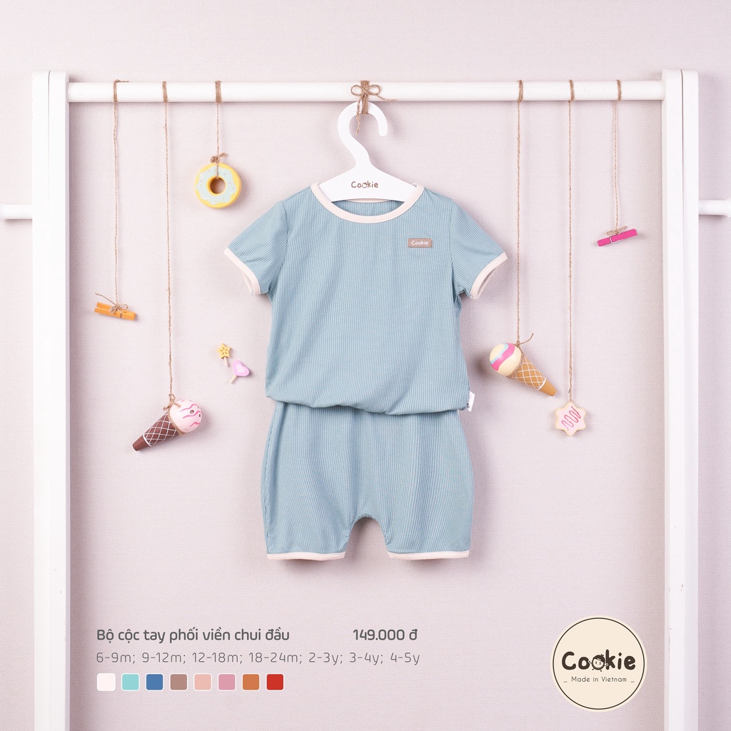 Bộ cộc COOKIE phối viền chui đầu 6-9/9-12/12-18/18-24M chất liệu Air-Cool Knitwear điều hoà nhiệt 4 mùa - Monnie Kids
