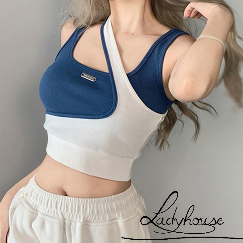 Áo Không Tay Giả Hai Lớp Màu Sắc Tương Phản Thời Trang Đường Phố Cho Nữ