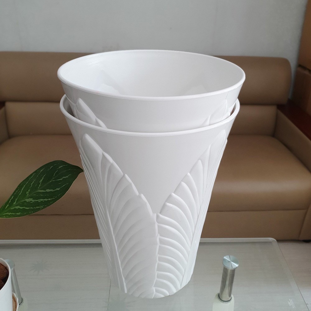 Chậu ống lá cỡ lớn trồng hoa nhựa dày trắng 33x42cm