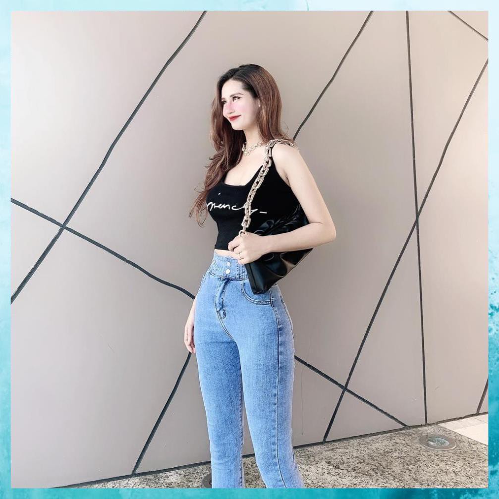 [TH Jeans] Quần skinny jeans, quần bò nữ lưng cao túi chéo cạp bản to phối đai. Mã D6150
