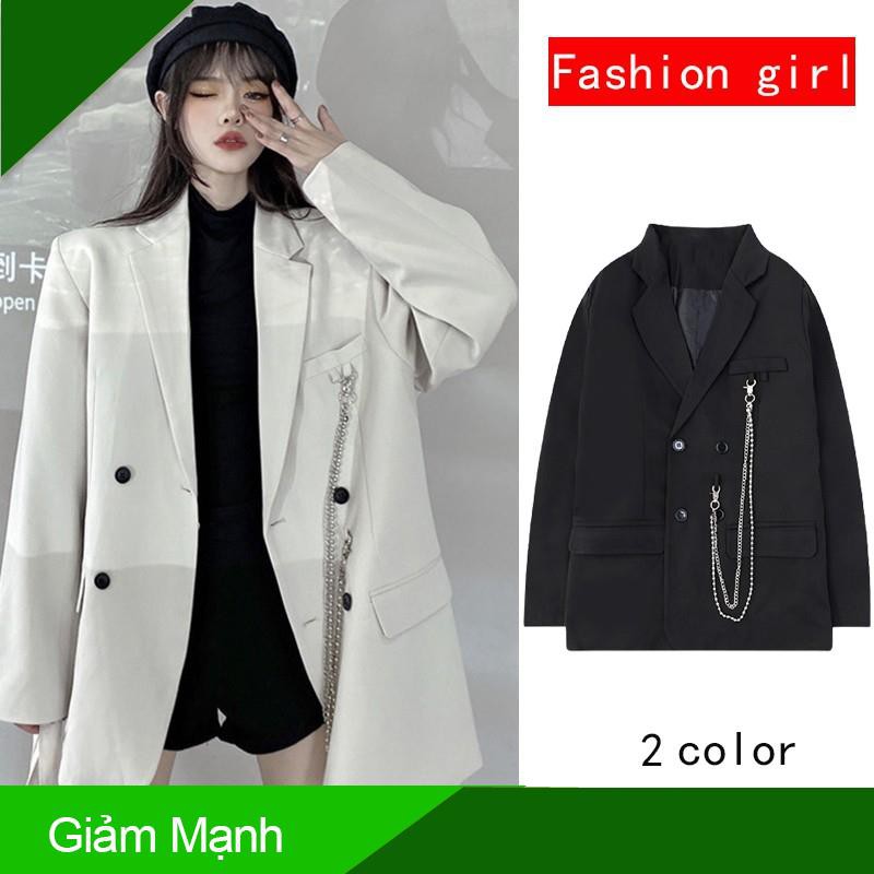 (Giảm Mạnh) Áo khoác vest màu trắng phối dây xích phong cách Hàn Quốc thanh lịch