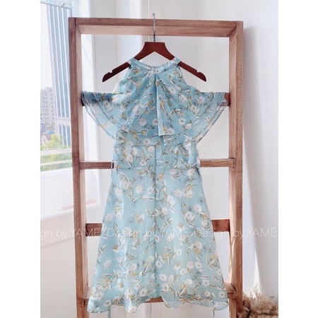Váy đầm nữ voan hoa nhí khoét vai đi biển đi chơi Lace Dress màu xanh YAME