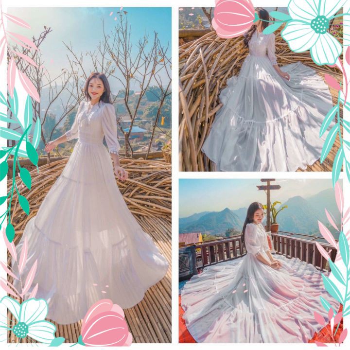 Vấy Đầm Maxi Trắng Dáng Dài Phối Ren Chup Ảnh, Đi Tiệc Siêu Đẹp | BigBuy360 - bigbuy360.vn