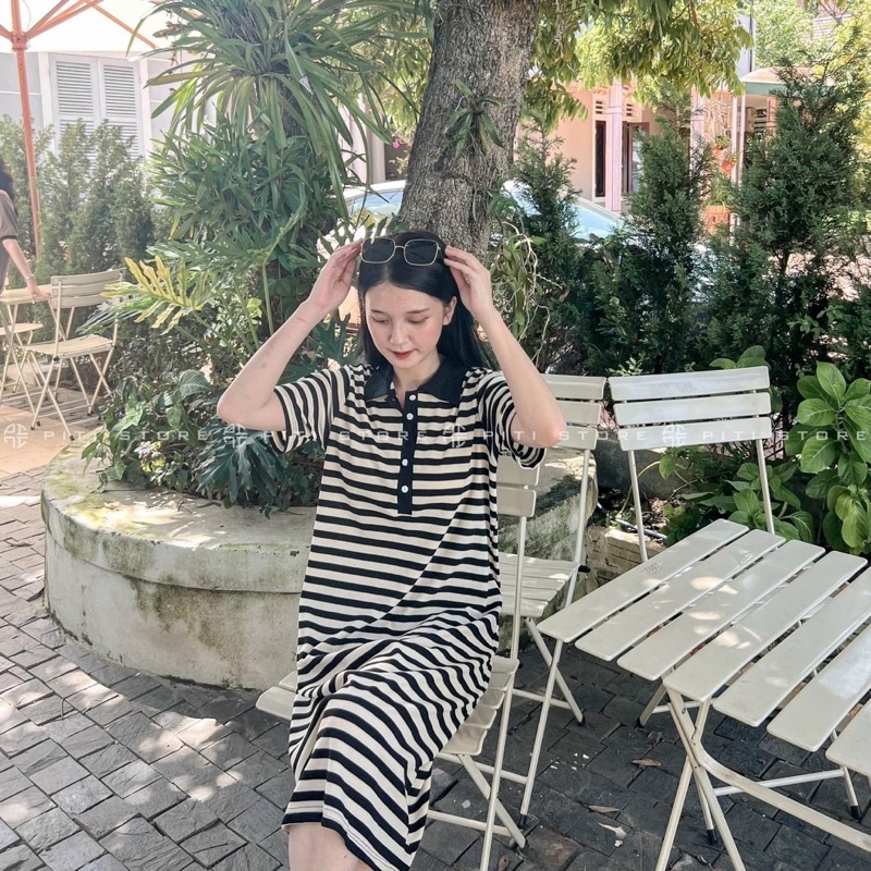 Đầm PoLo Dáng Suông Kẻ Ngang Chất Len Xốp Siêu Xinh