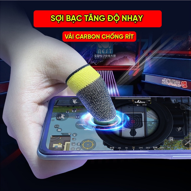 Bao tay chơi game ff 2 ngón Glory vàng đen vải carbon sợi bạc cao cấp