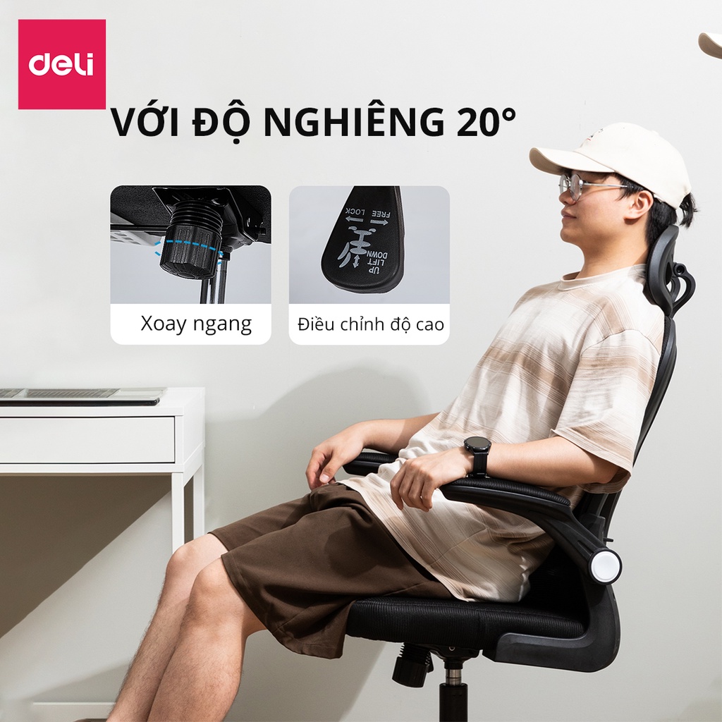 Ghế công thái học Deli Cao Cấp tựa đầu 3D, tựa tay điều chỉnh hỗ trợ cổ và cột sống chuẩn theo tư thế ngồi chính hãng