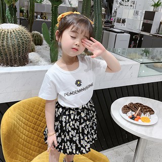 Set Áo Thun Tay Ngắn + Chân Váy Họa Tiết Hoa Cúc Nhỏ Xinh Xắn Thời Trang Hè Cho Bé Gái