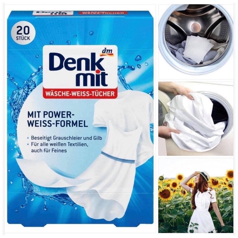 Miếng giặt tẩy quần áo trắng Denkmit giấy tẩy trắng, giữ màu trắng áo quần, hộp 20 tờ