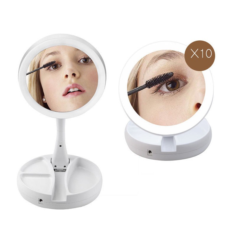 Gương trang điểm để bàn phấn có đèn led sạc kính tròn makeup phóng đại lật 2 mặt xoay 360 độ mini gấp gọn