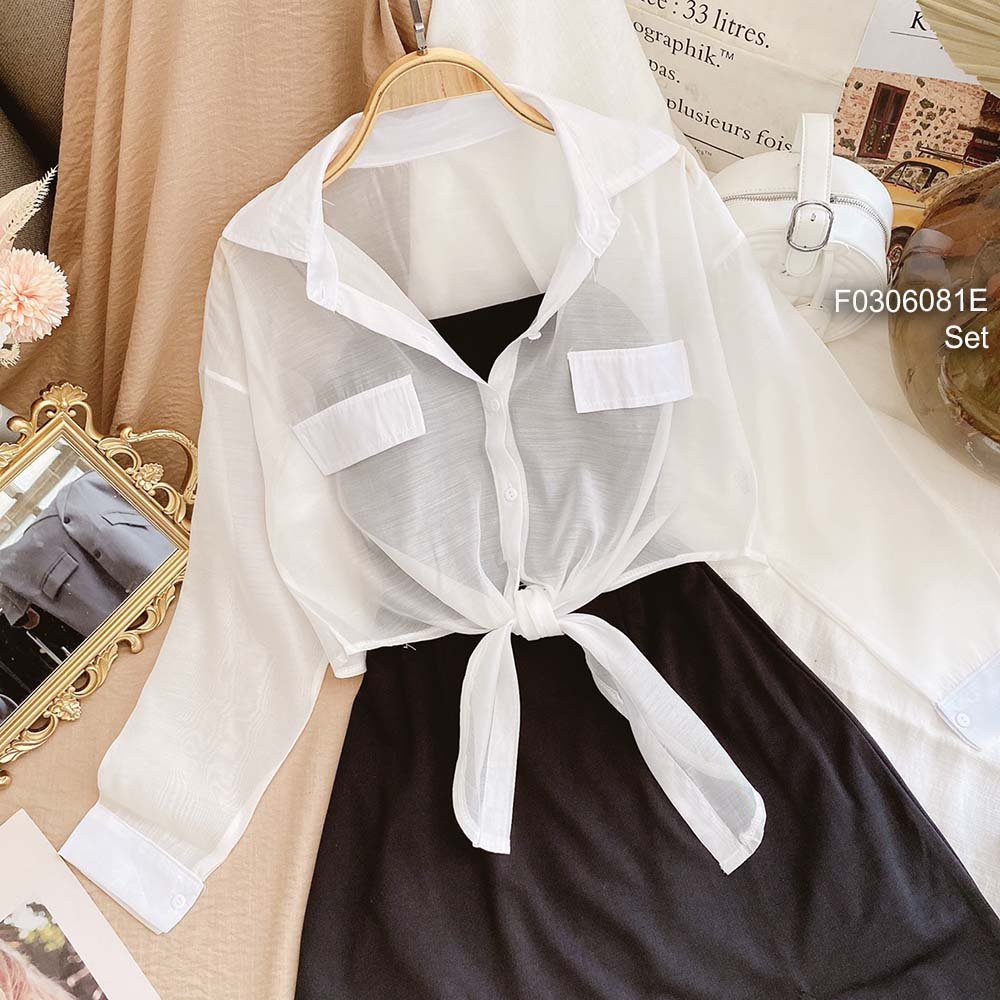 Set áo sơ mi trắng croptop vạt buộc nơ tay dài phối đầm đen xẻ lai 2 dây!