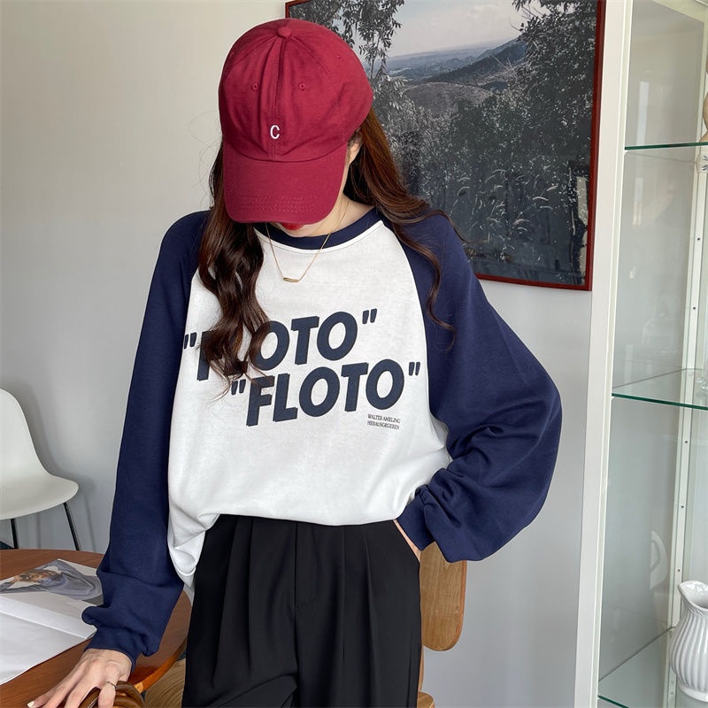 COZOK Áo Thun Tay Dài Form Rộng Họa Tiết Chữ Theo Phong Cách Retro Hợp Thời Trang