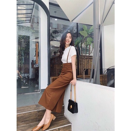 Set đồ nữ sang chảnh cá tính, set bộ yếm nữ dễ thương đi chơi với quần yếm ống rộng kèm áo thun form rộng cổ tròn