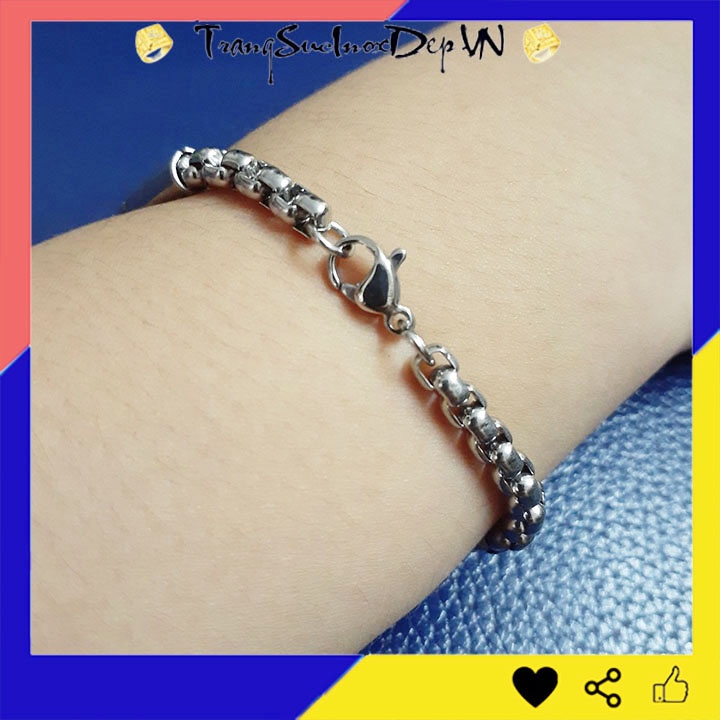 Lắc tay inox kiểu bông dừa 4mm bọc khoen trơn sáng đẹp không đen, hợp thời trang