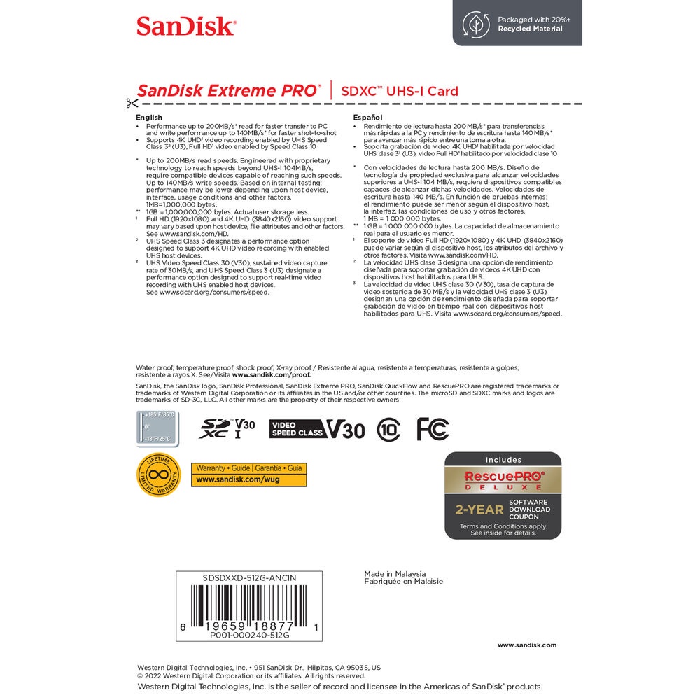 Thẻ nhớ SDXC SanDisk Extreme PRO 512GB UHS-I U3 4K V30 200MB/s 170MB/s